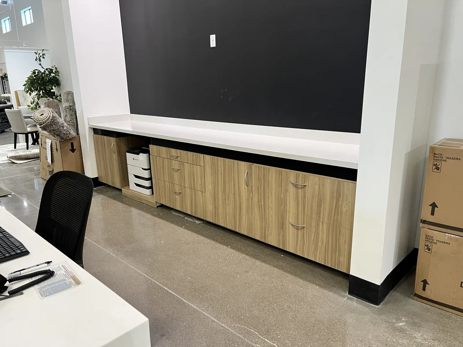 Built-in cabinets along a feature wall
