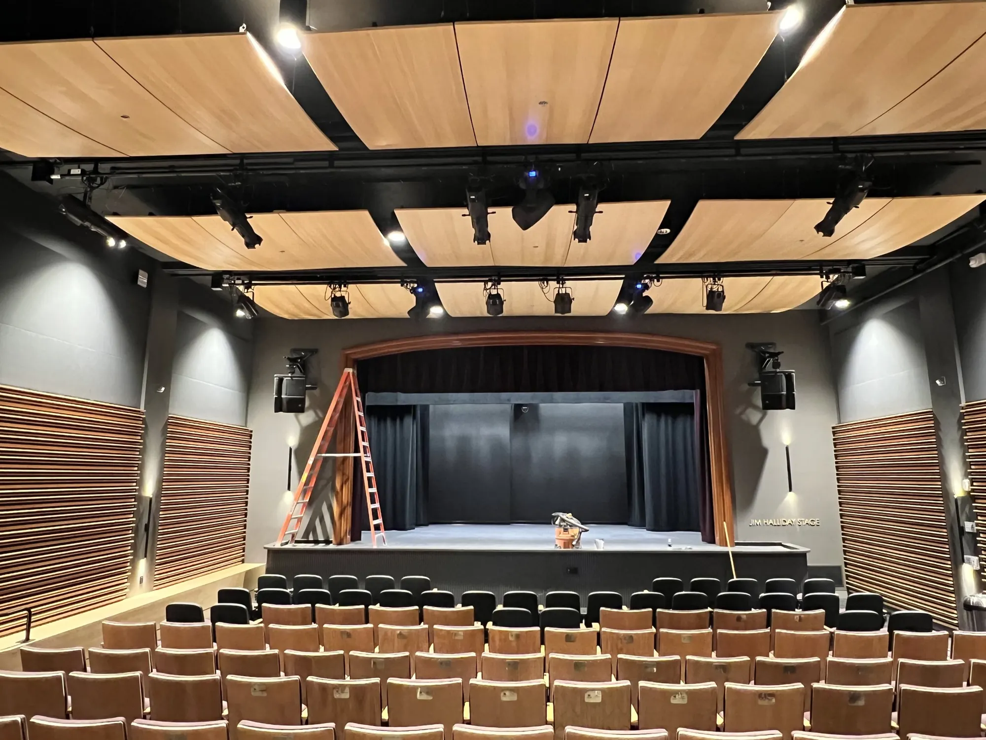 Theater with curved wood ceiling clouds and wood slat walls
