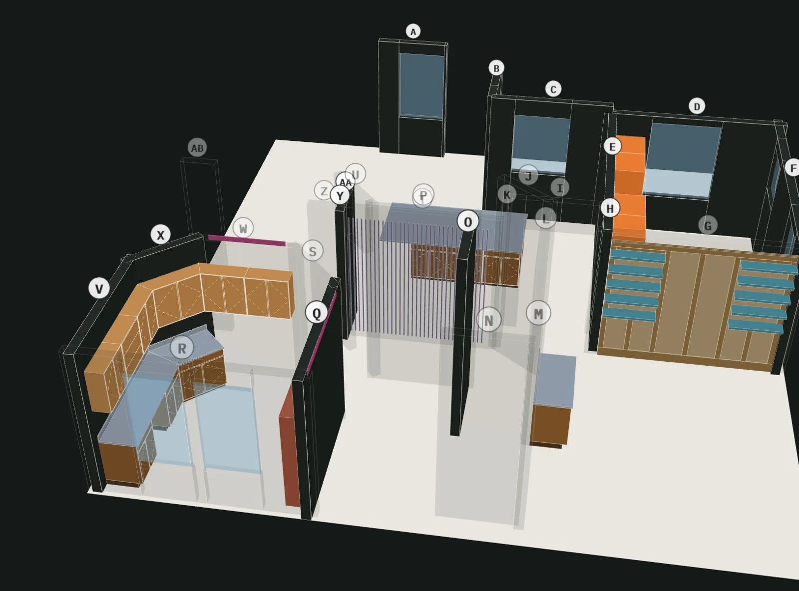 3D model of a scanned space with cabinets, countertops, shelving and wall finishes placed on the actual walls