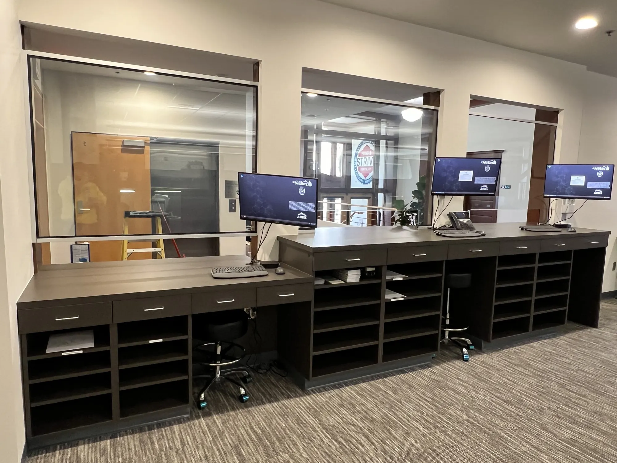 Service counters with cubbies below